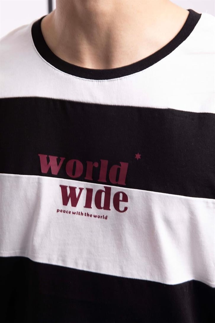 Worldwide Çizgili Siyah Oversize Tişört