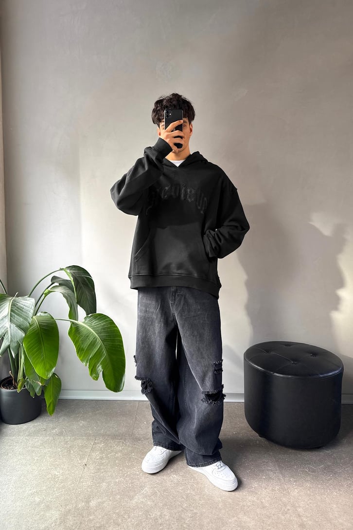 Writing Nakışlı Oversize Hoodie
