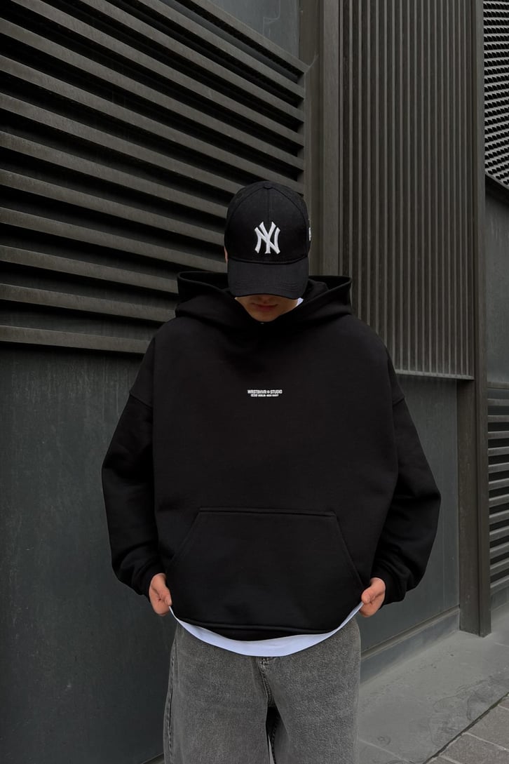 WRST Baskılı Siyah Oversize Hoodie
