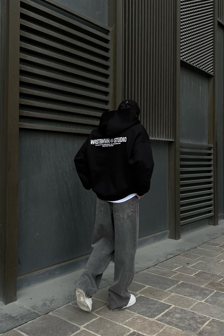 WRST Baskılı Siyah Oversize Hoodie