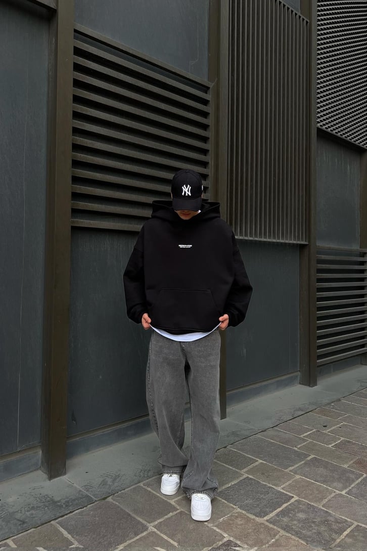 WRST Baskılı Siyah Oversize Hoodie