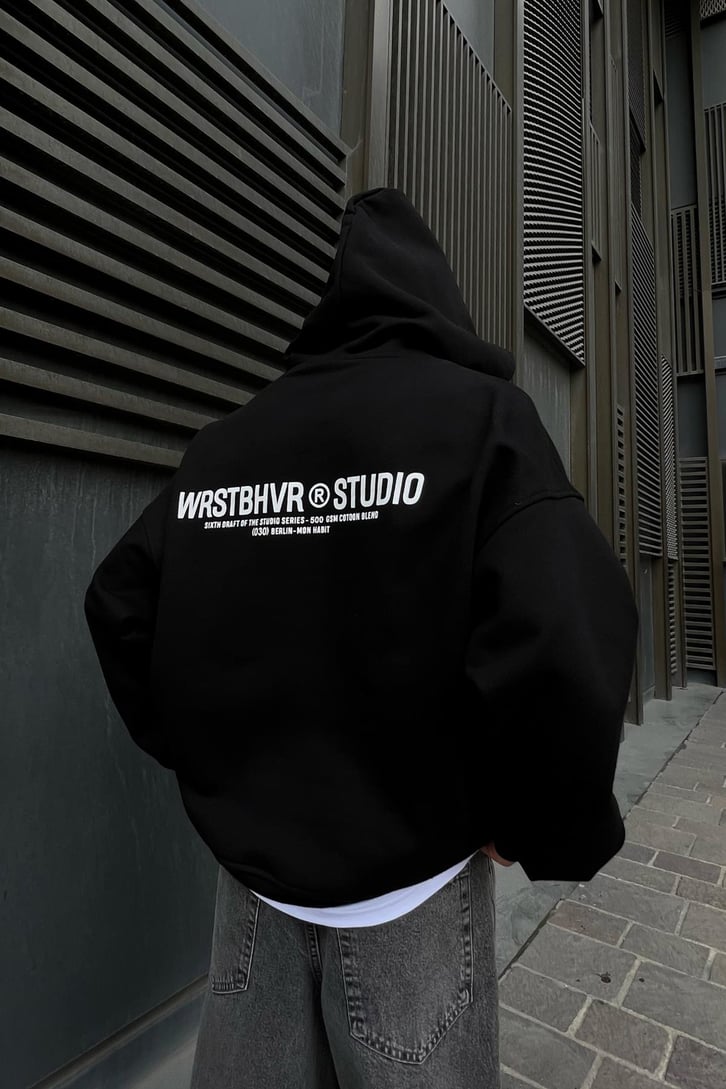 WRST Baskılı Siyah Oversize Hoodie