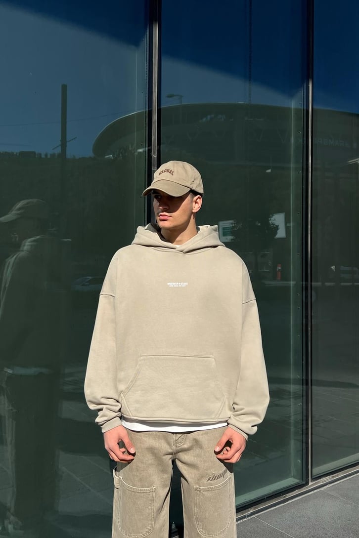 WRST Baskılı Taş Rengi Oversize Hoodie