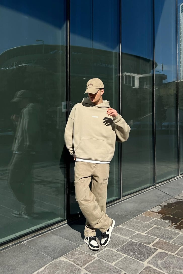 WRST Baskılı Taş Rengi Oversize Hoodie