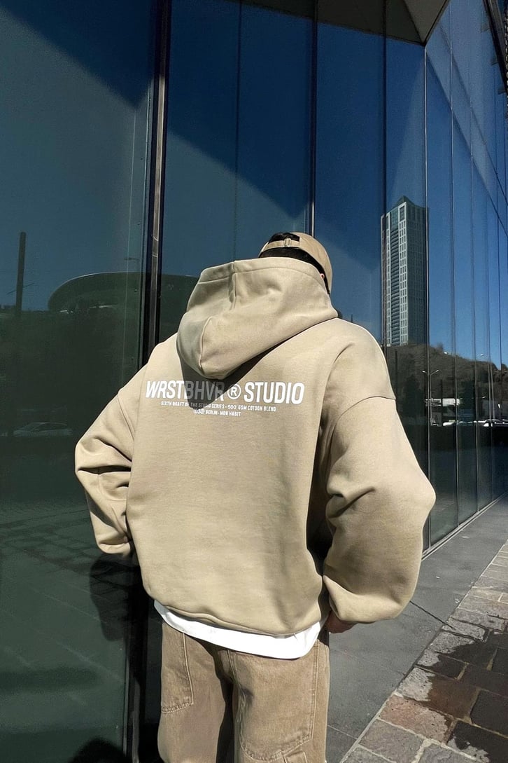 WRST Baskılı Taş Rengi Oversize Hoodie