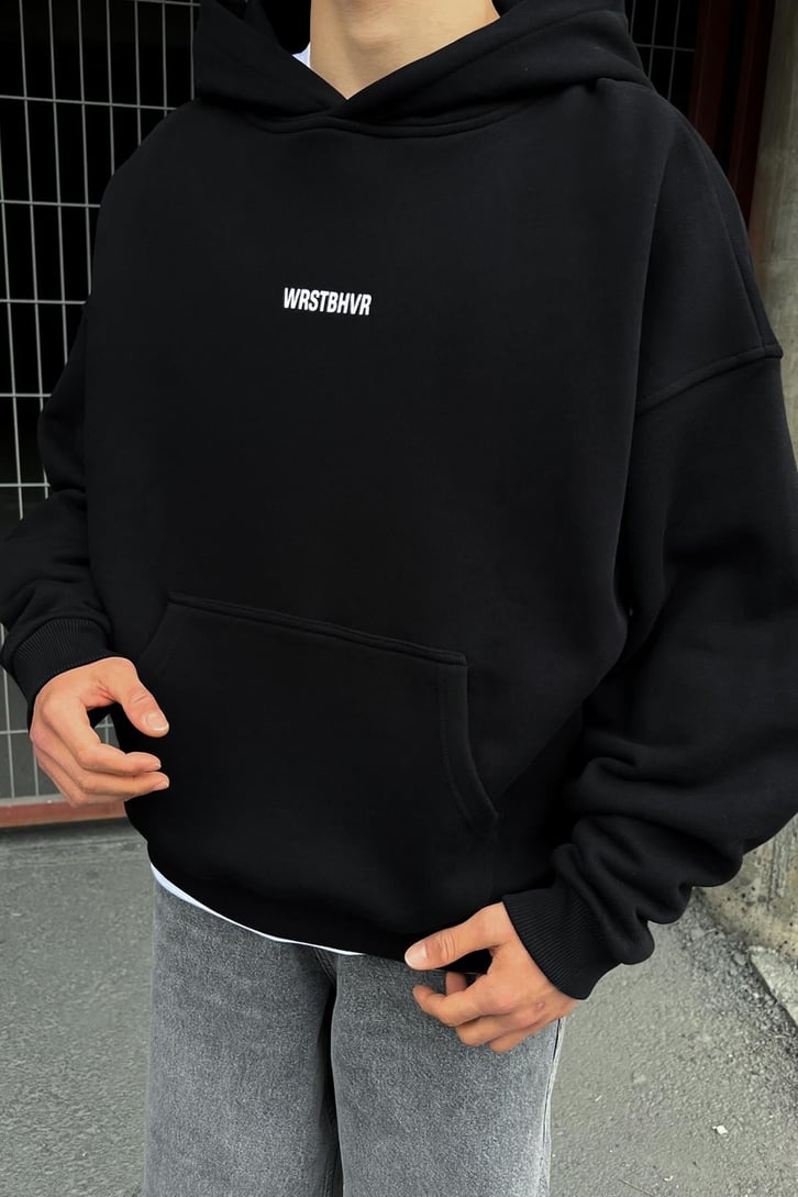 WRSTBHVR Baskılı Siyah Oversize Hoodie
