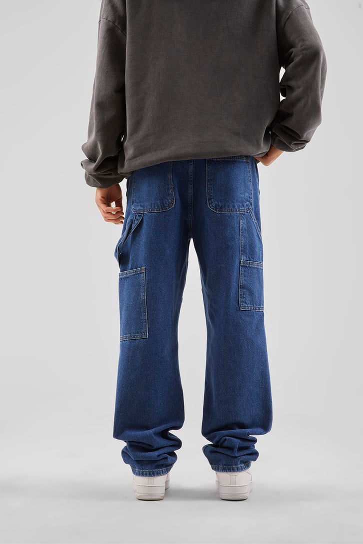 Yan Cepli Koyu Mavi Baggy Jean