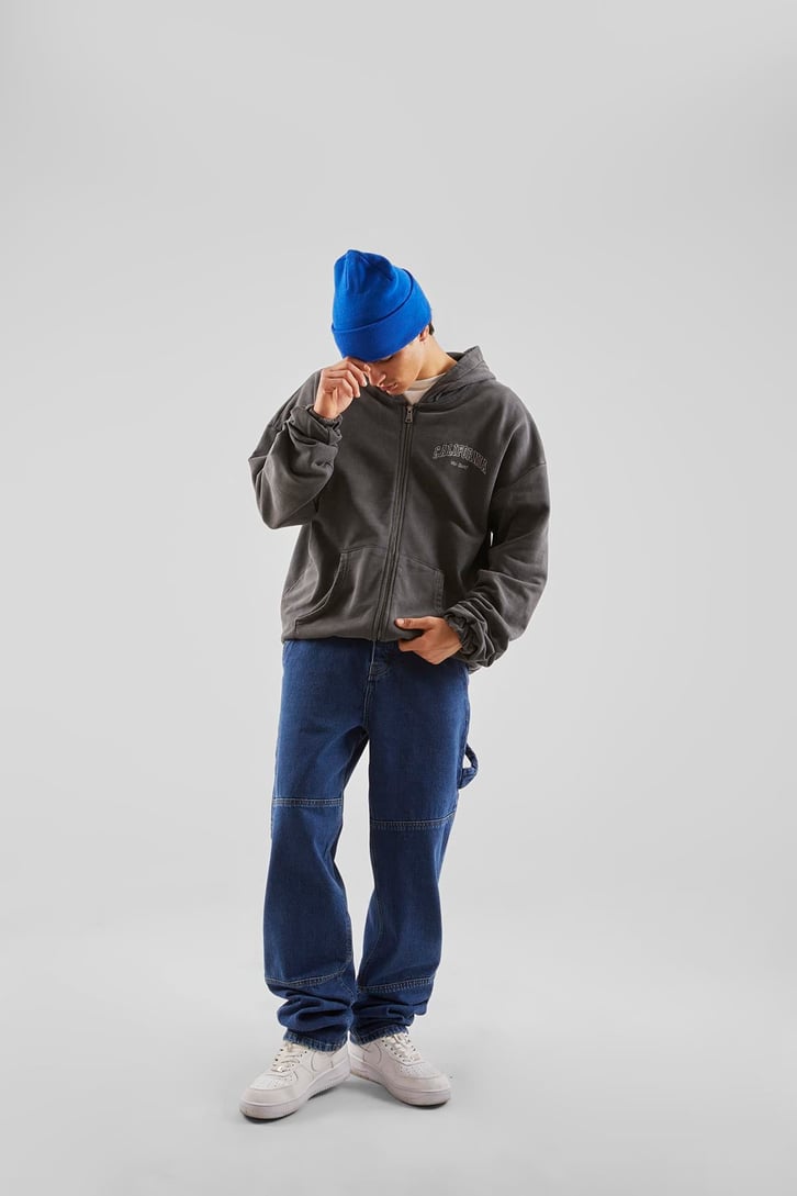 Yan Cepli Koyu Mavi Baggy Jean