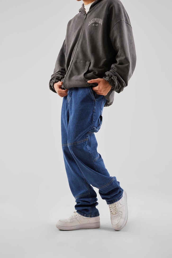 Yan Cepli Koyu Mavi Baggy Jean