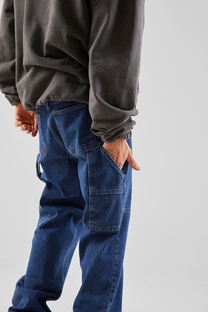 Yan Cepli Koyu Mavi Baggy Jean