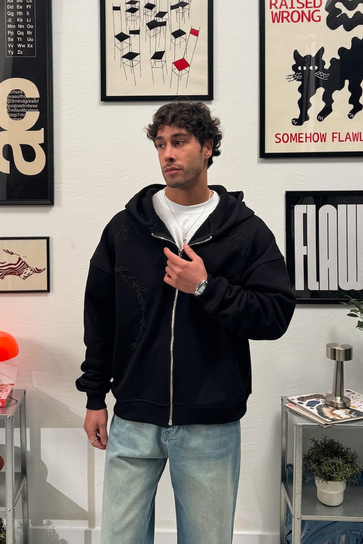 Yaprak Nakışlı Fermuarlı Hoodie