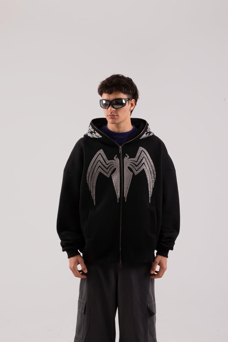 Yarasa Taş İşlemeli Siyah Full Zip Hoodie