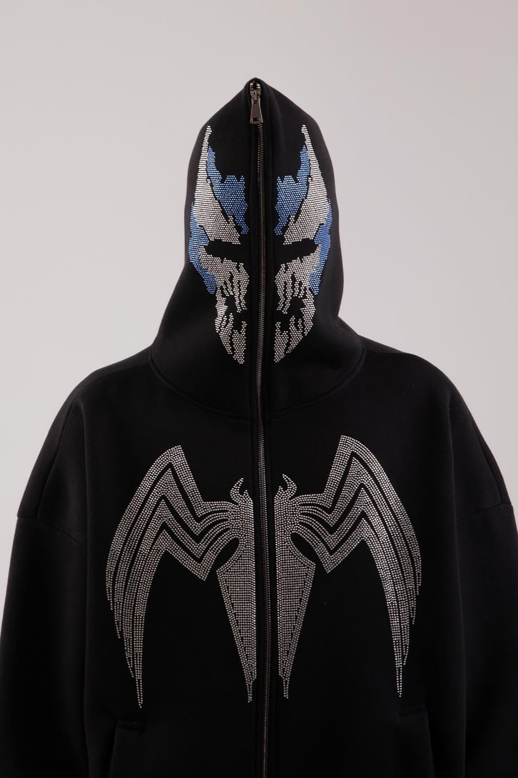 Yarasa Taş İşlemeli Siyah Full Zip Hoodie