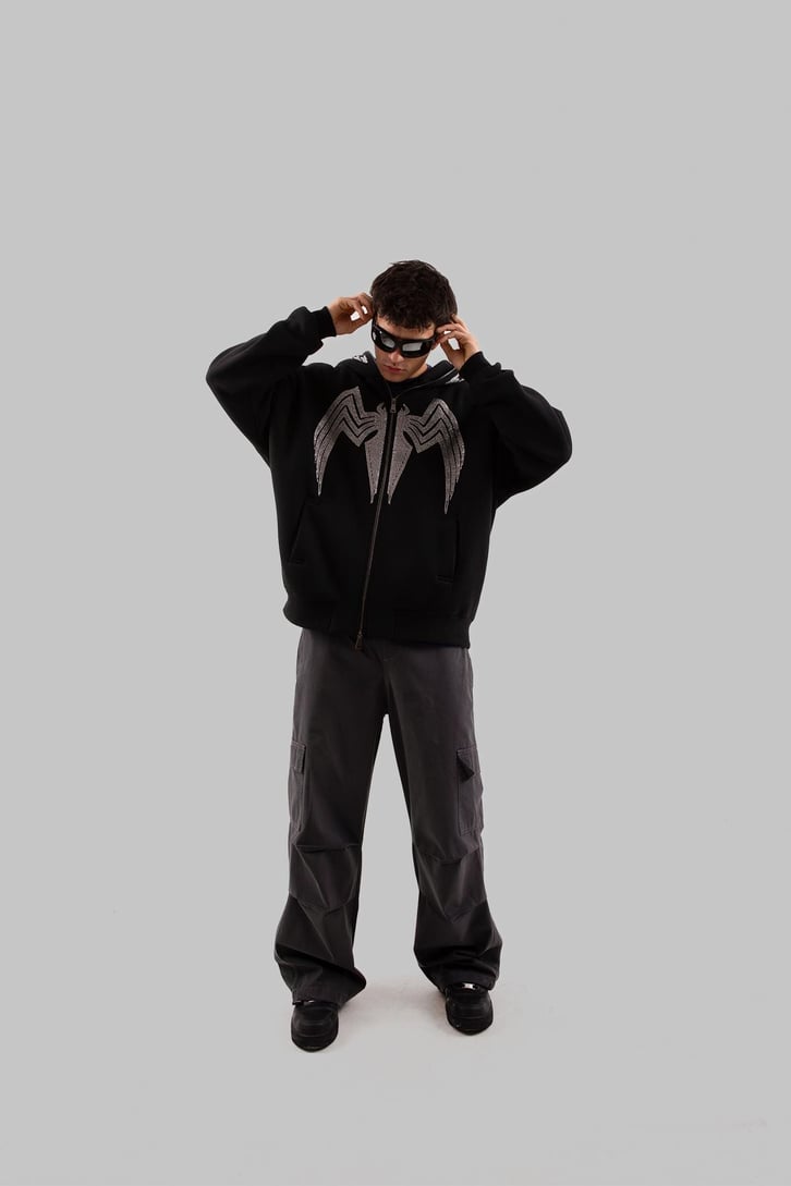 Yarasa Taş İşlemeli Siyah Full Zip Hoodie