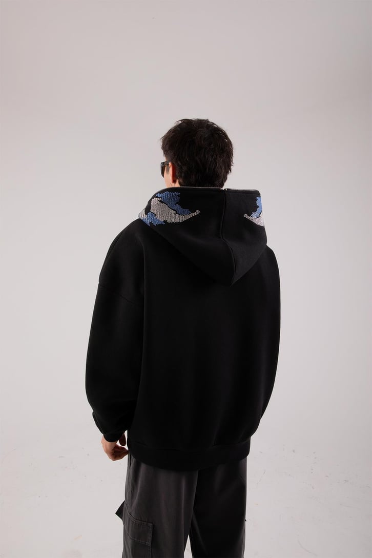 Yarasa Taş İşlemeli Siyah Full Zip Hoodie