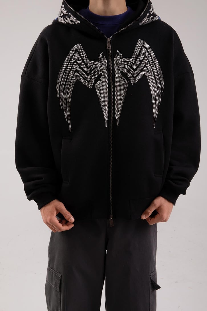 Yarasa Taş İşlemeli Siyah Full Zip Hoodie