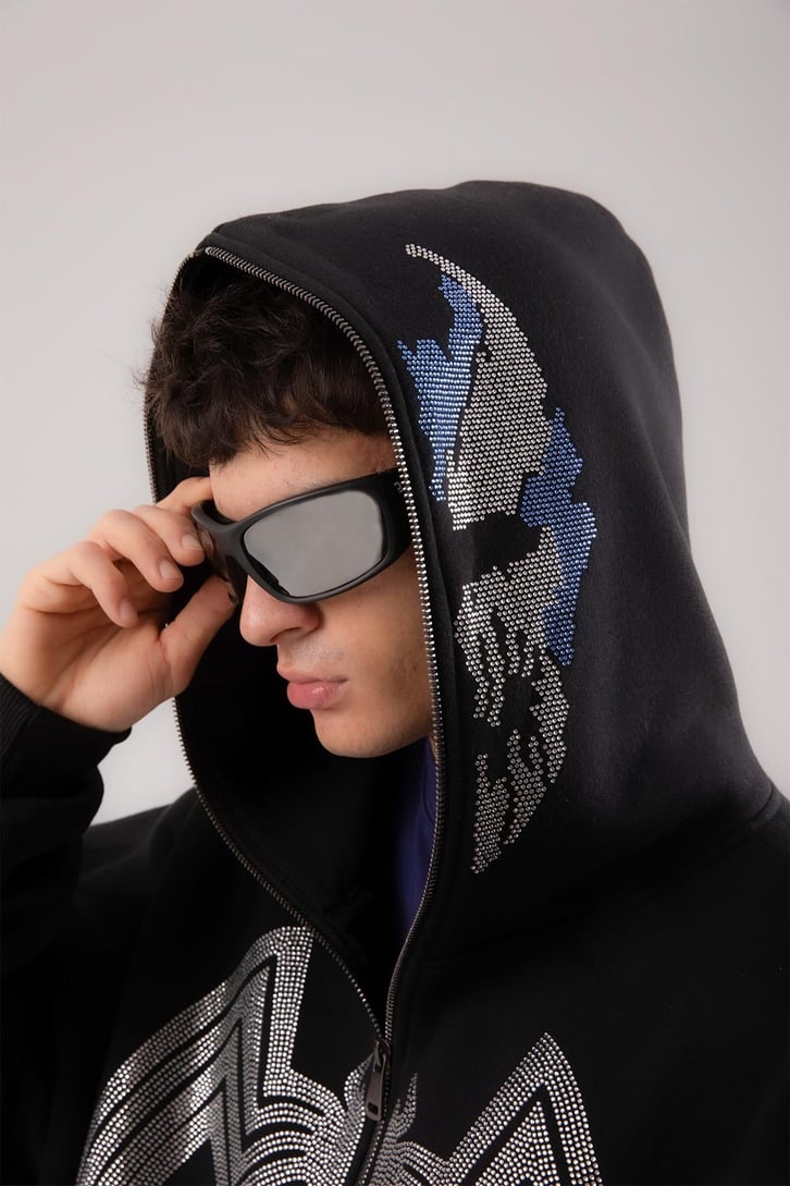 Yarasa Taş İşlemeli Siyah Full Zip Hoodie