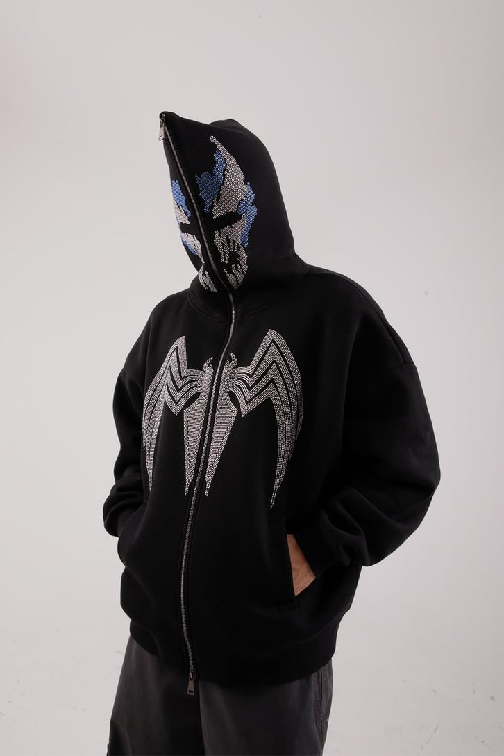 Yarasa Taş İşlemeli Siyah Full Zip Hoodie