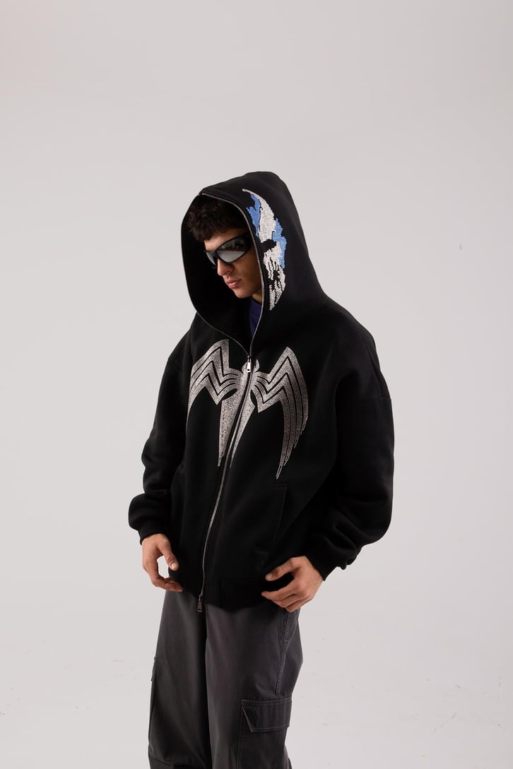 Yarasa Taş İşlemeli Siyah Full Zip Hoodie