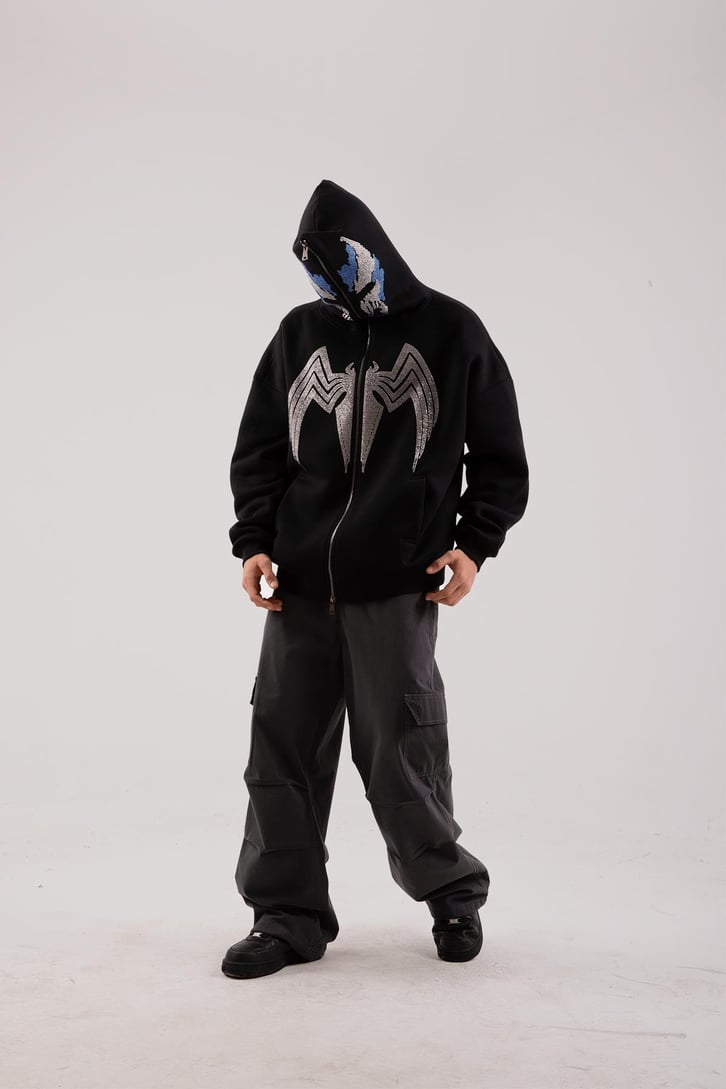 Yarasa Taş İşlemeli Siyah Full Zip Hoodie