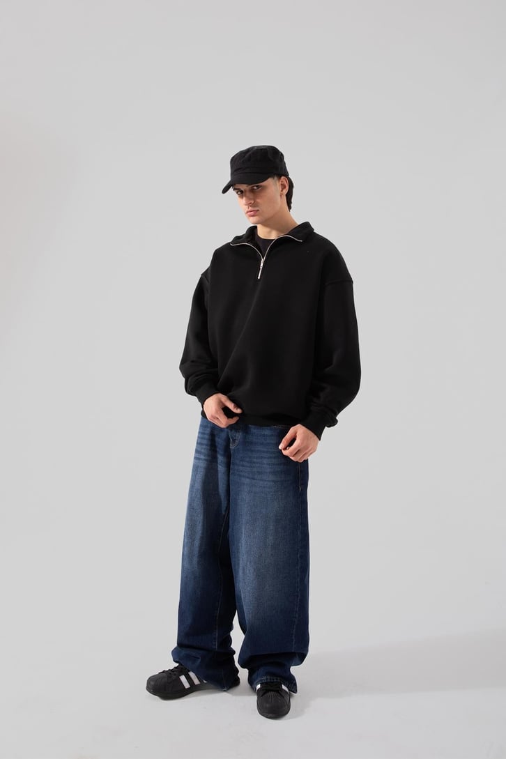 Yarım Fermuar Siyah Oversize Sweatshırt