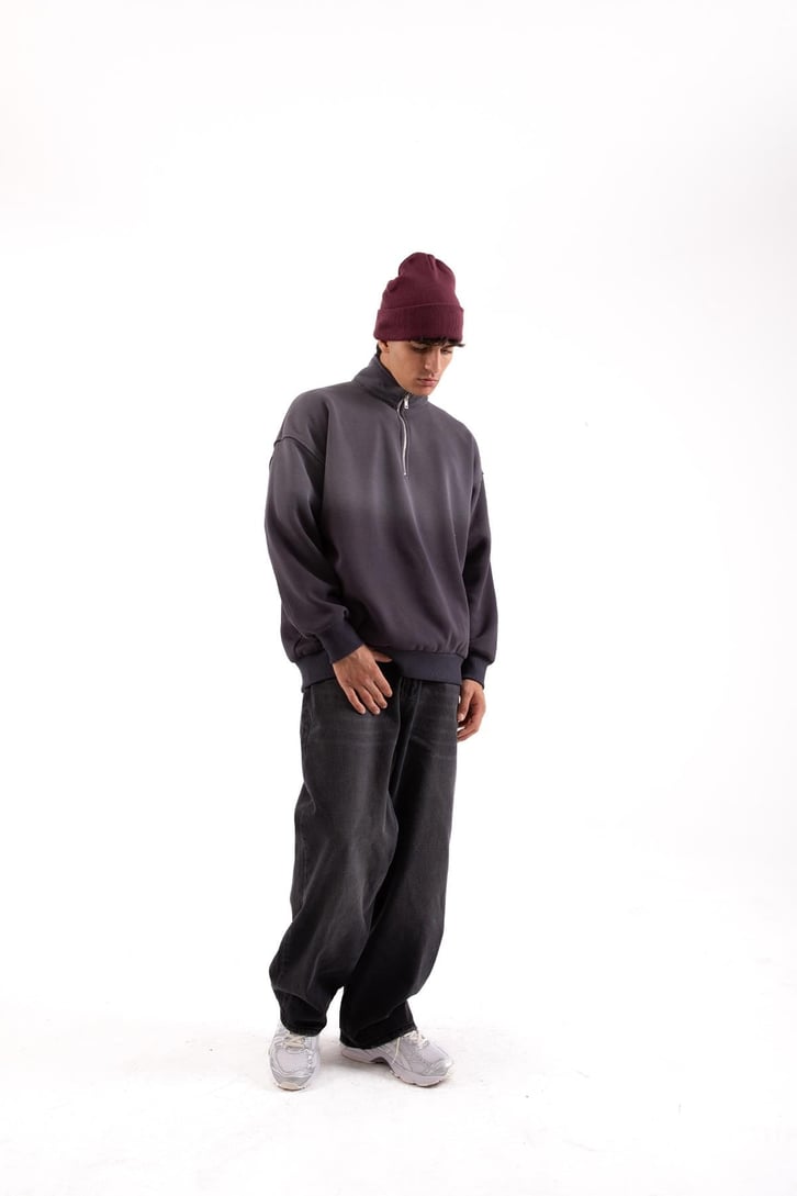 Yarım Fermuarlı Doube Color Füme Oversize Sweatshirt