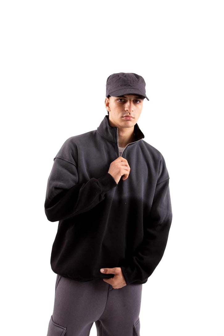 Yarım Fermuarlı Doube Color Siyah Oversize Sweatshirt