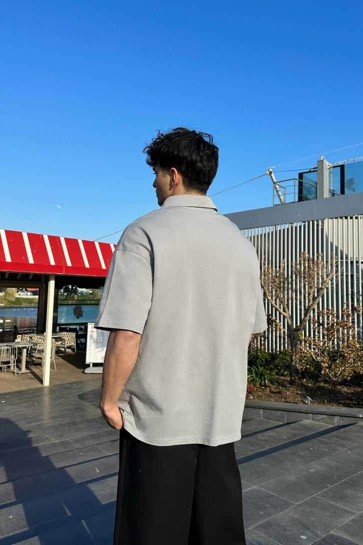 Yarım Fermuarlı Gri Oversize Tişört