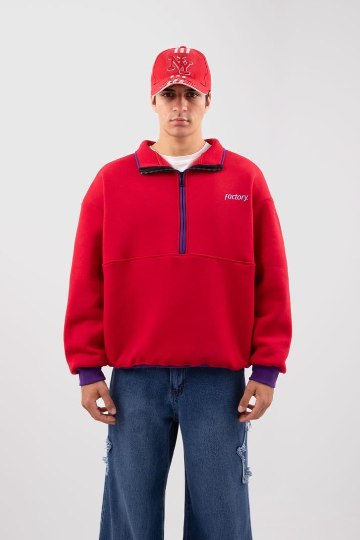 Yarım Fermuarlı Vıntage Beyaz Oversize Sweatshirt