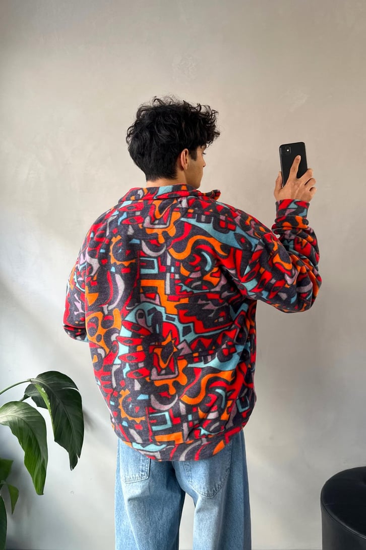 Yarım Yaka Desenli Yeşil Oversize Sweatshirt