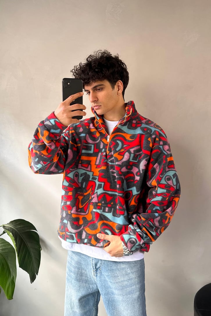 Yarım Yaka Desenli Yeşil Oversize Sweatshirt