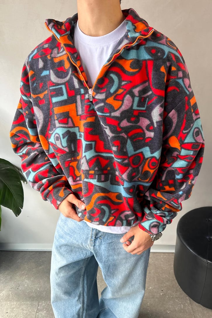 Yarım Yaka Desenli Yeşil Oversize Sweatshirt