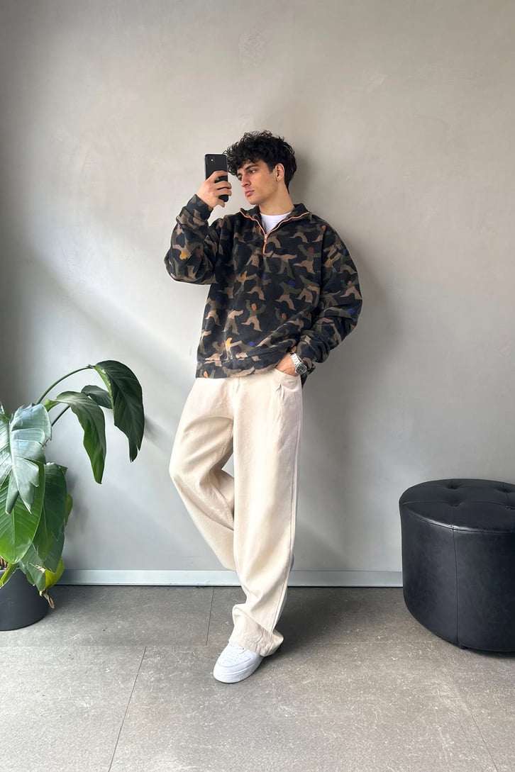 Yarım Yaka Desenli Yeşil Oversize Sweatshirt