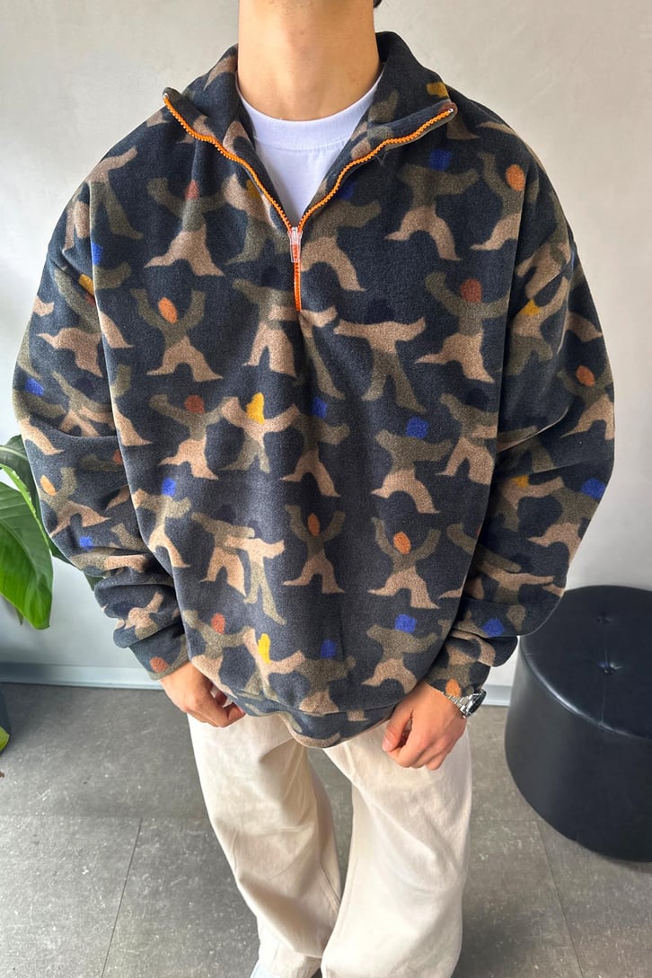 Yarım Yaka Desenli Yeşil Oversize Sweatshirt