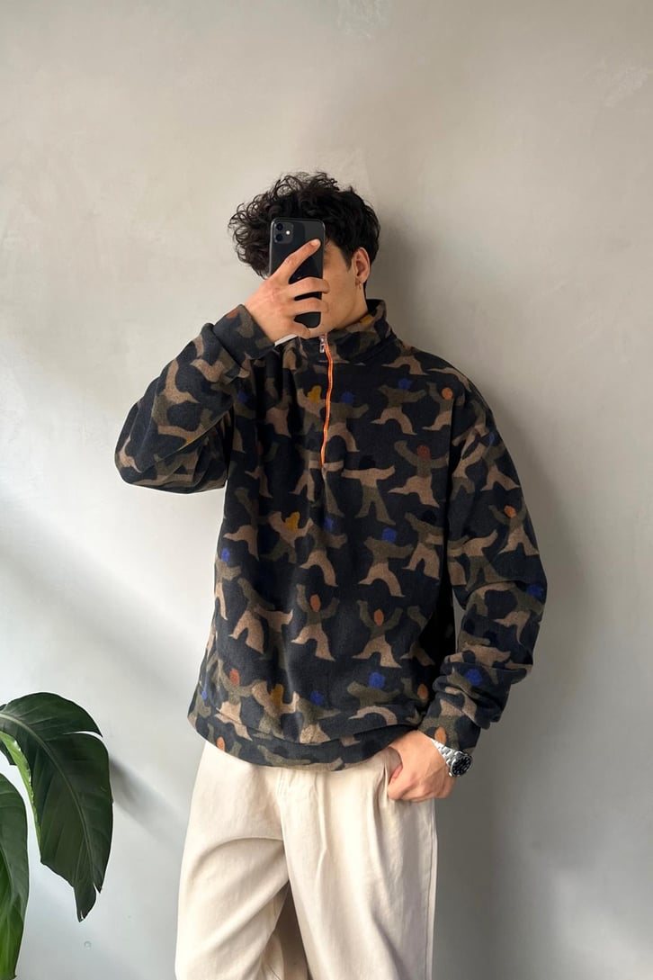 Yarım Yaka Desenli Yeşil Oversize Sweatshirt