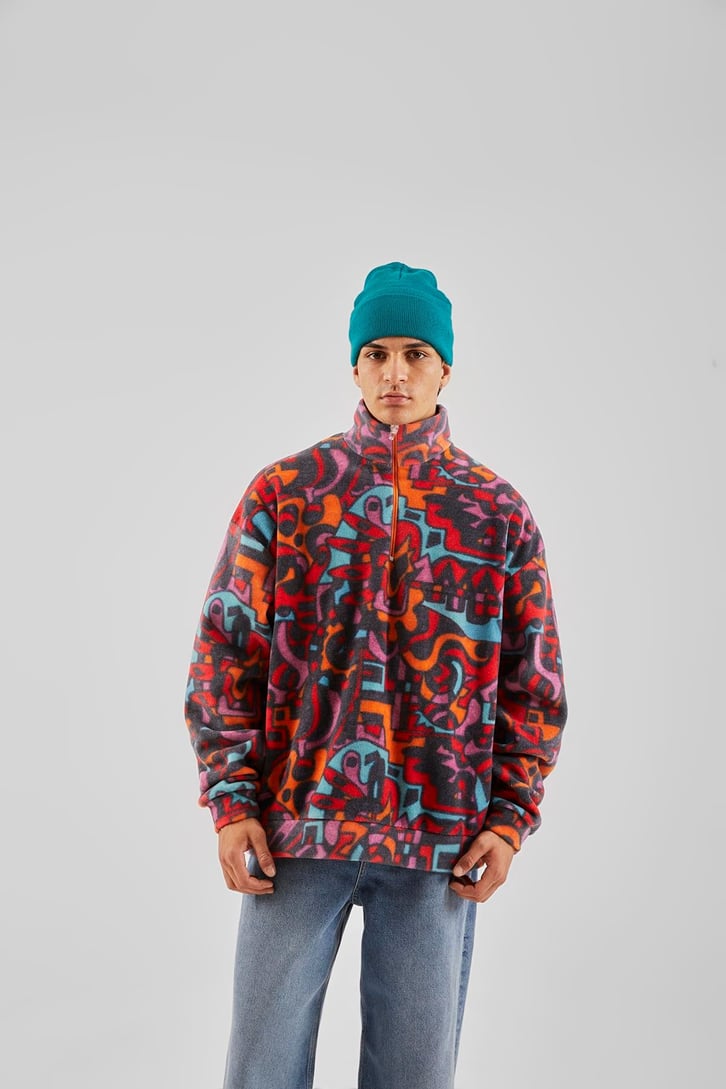 Yarım Yaka Desenli Yeşil Oversize Sweatshirt