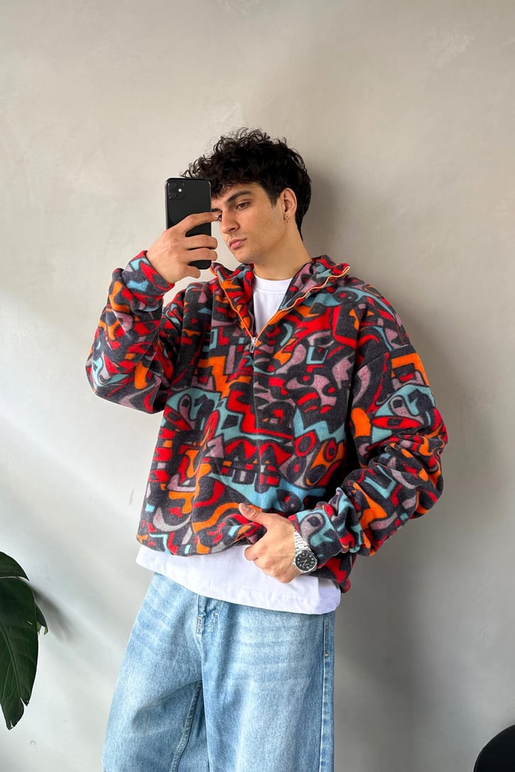 Yarım Yaka Desenli Yeşil Oversize Sweatshirt