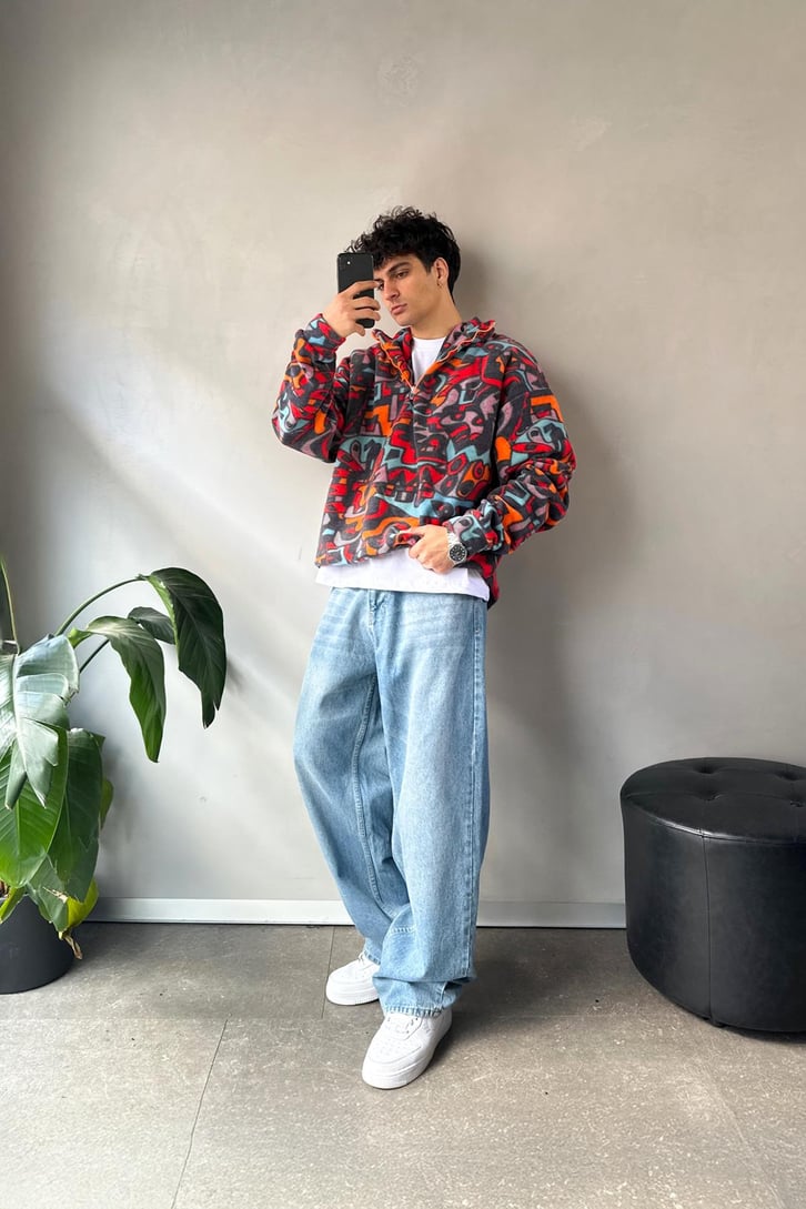 Yarım Yaka Desenli Yeşil Oversize Sweatshirt