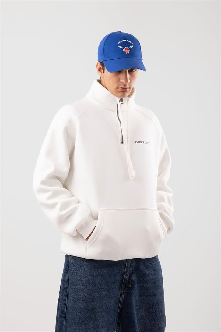 Yarım Zip Yaka Ekru Oversize Sweatshirt