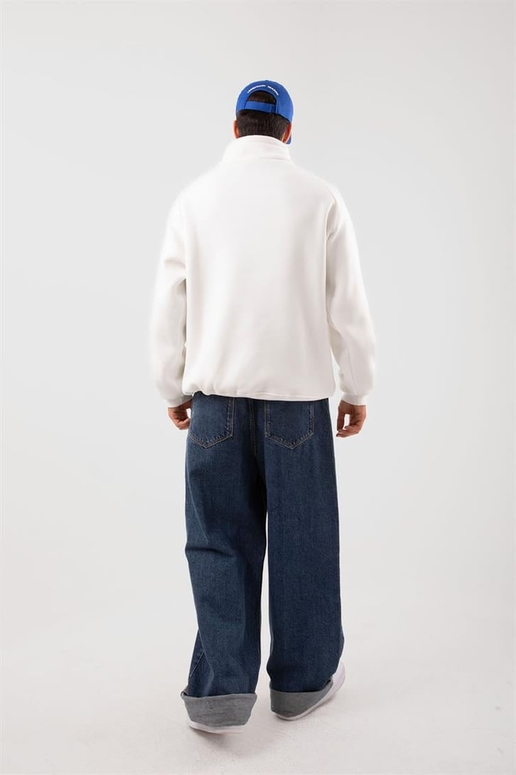Yarım Zip Yaka Ekru Oversize Sweatshirt