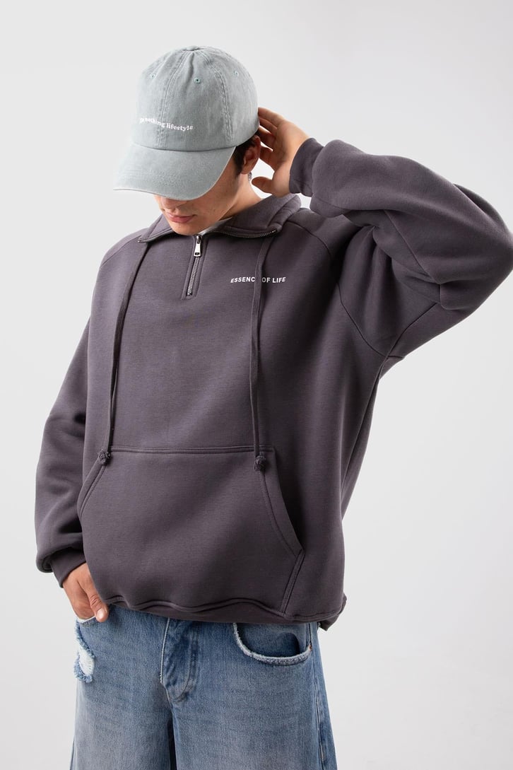 Yarım Zip Yaka Gri Oversize Sweatshirt