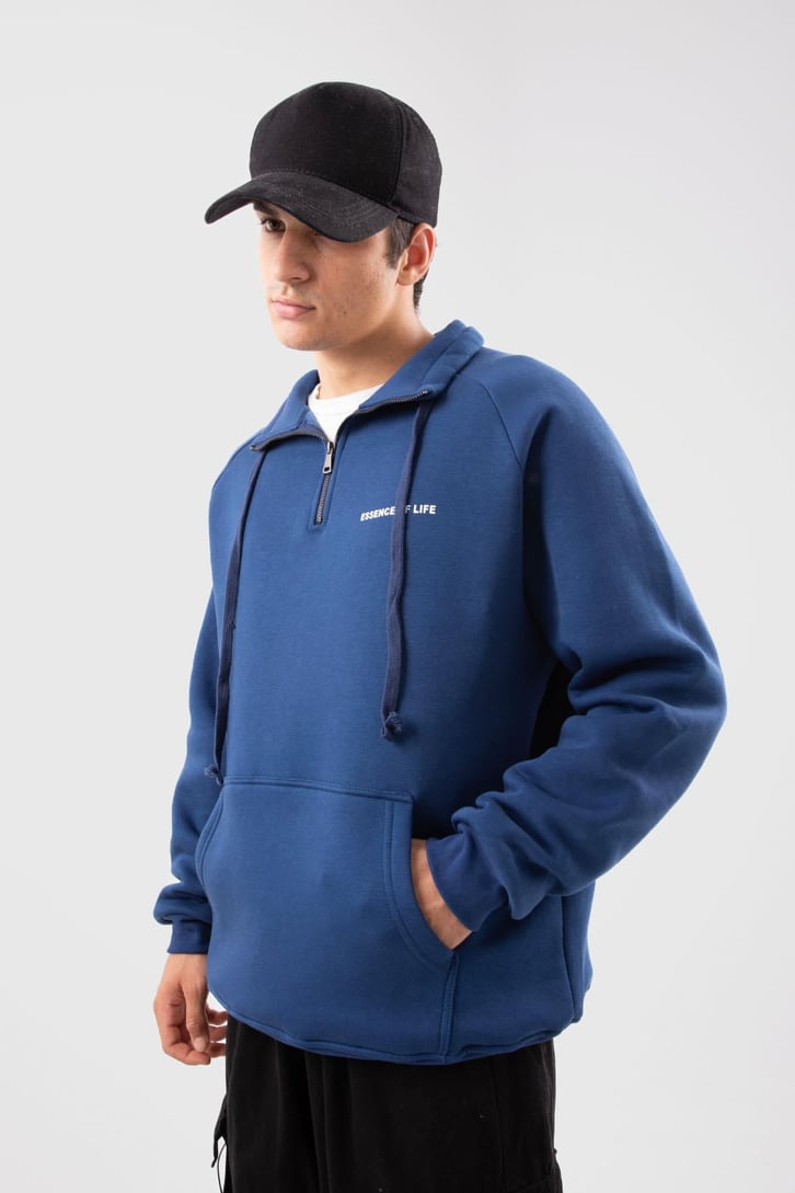Yarım Zip Yaka Lacivert Oversize Sweatshirt
