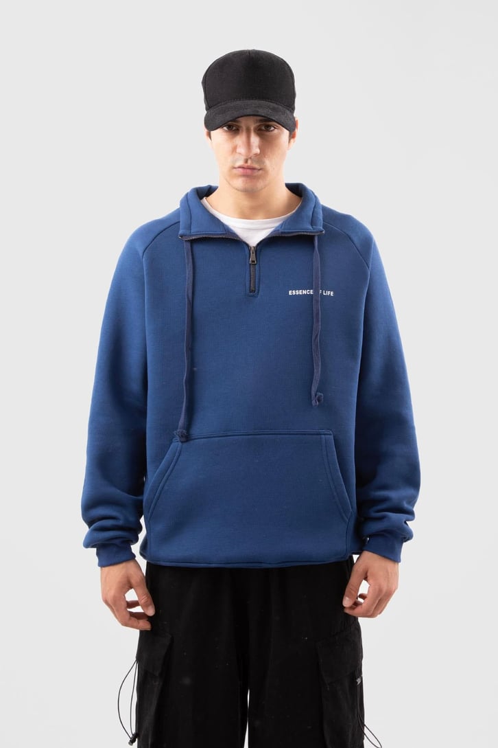 Yarım Zip Yaka Lacivert Oversize Sweatshirt