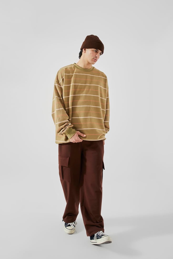 Yatay Çizgili Haki Oversize Sweatshirt