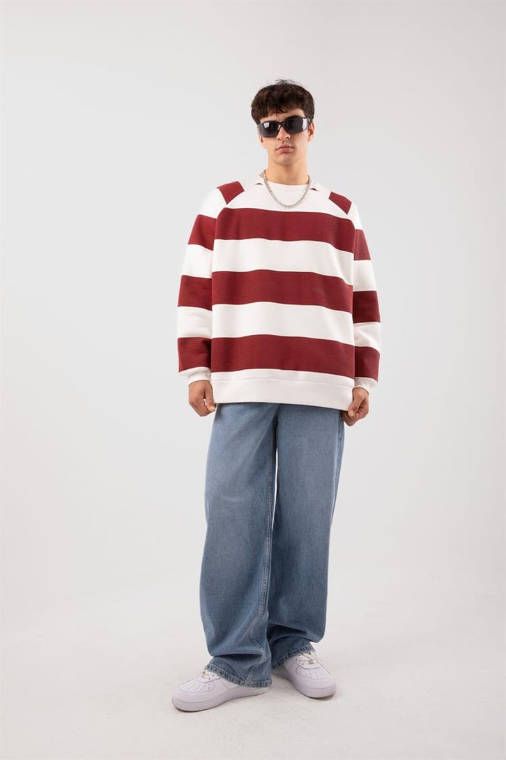 Yatay Çizgili Kırmızı Oversize Sweatshirt
