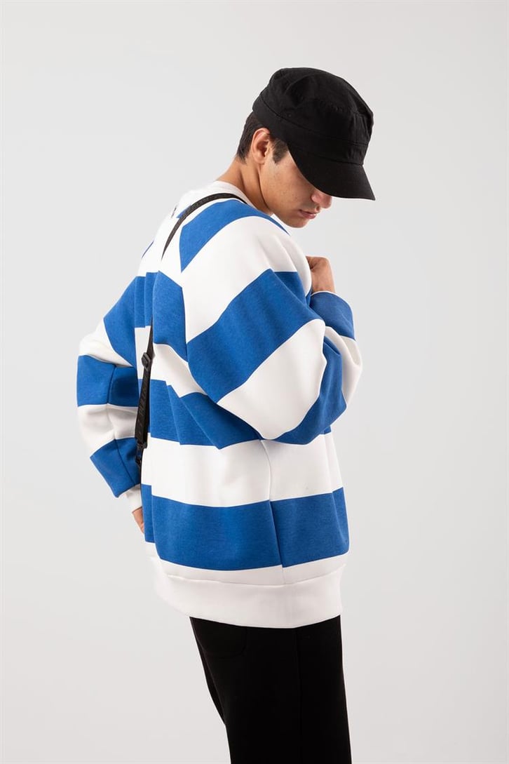 Yatay Çizgili Mavi Oversize Sweatshirt