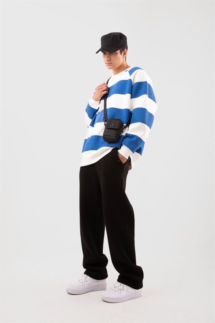 Yatay Çizgili Mavi Oversize Sweatshirt