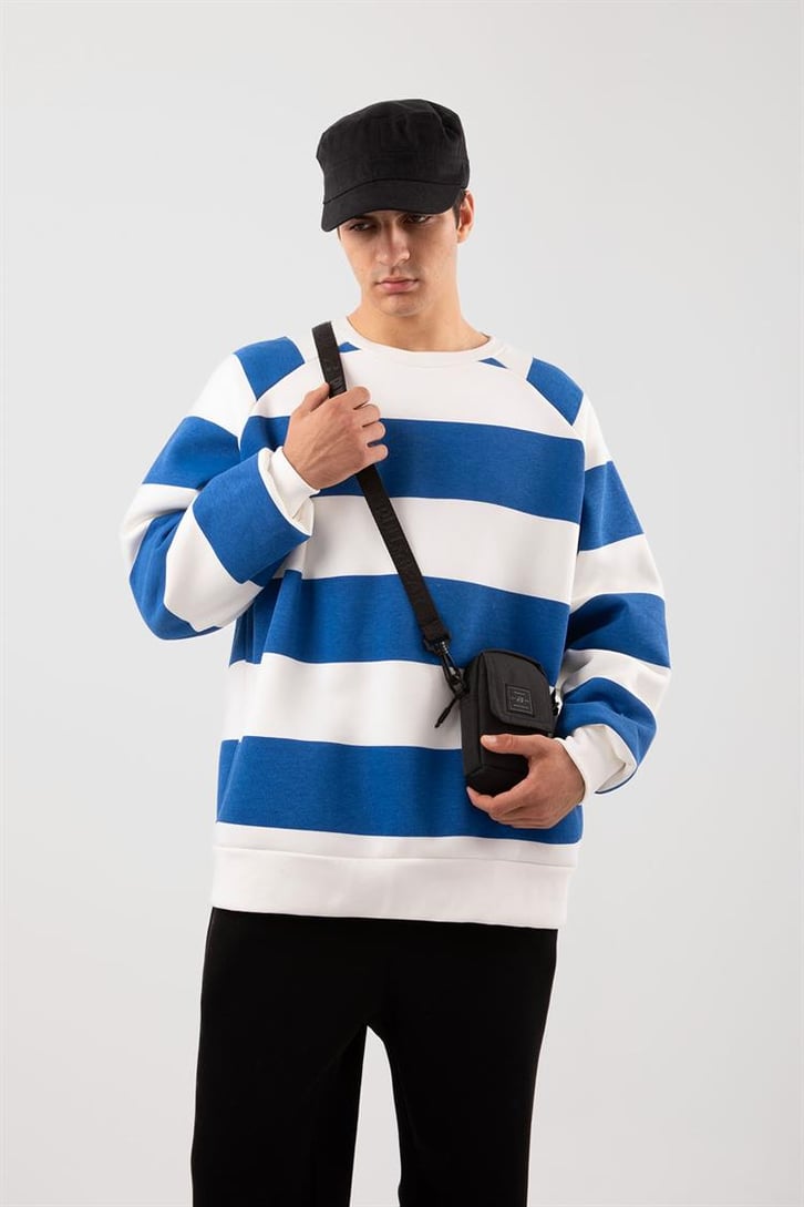 Yatay Çizgili Mavi Oversize Sweatshirt
