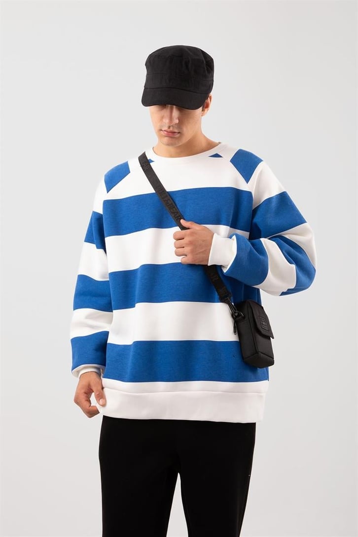 Yatay Çizgili Mavi Oversize Sweatshirt