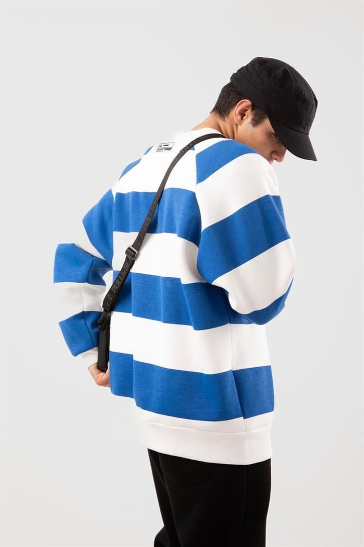 Yatay Çizgili Mavi Oversize Sweatshirt